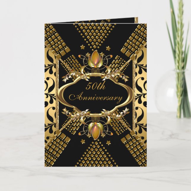 Invitation 50e Anniversaire Gold Black Damask Déco (Devant)