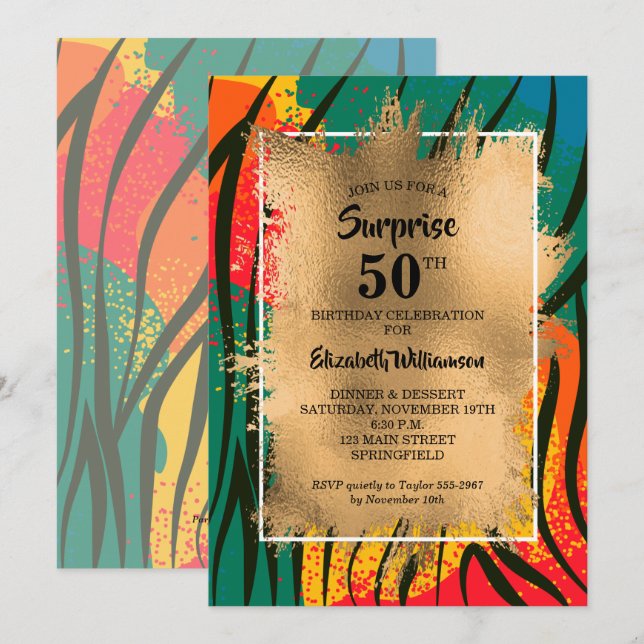 Invitation 50e anniversaire Gold Colorful Zebra (Devant / Derrière)