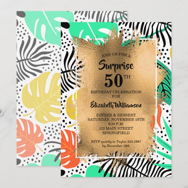 Invitation 50e anniversaire Gold et moderne Tropical (Devant / Derrière)