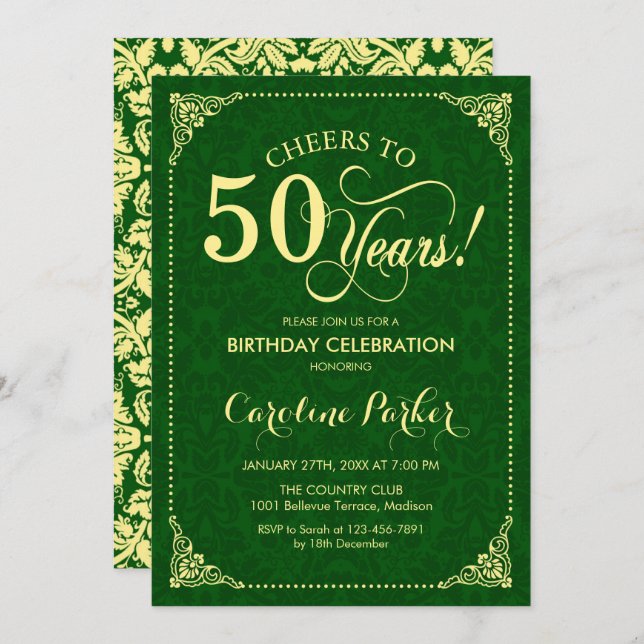 Invitation 50e anniversaire - Gold Green Damask (Devant / Derrière)