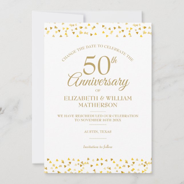 Invitation 50e anniversaire Gold Hearts Change the Date (Devant)