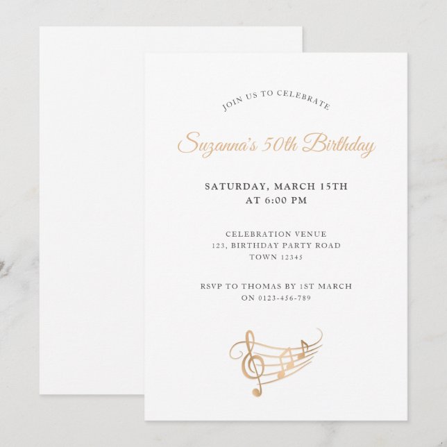 Invitation 50e anniversaire Gold Music Notes Élégant (Devant / Derrière)