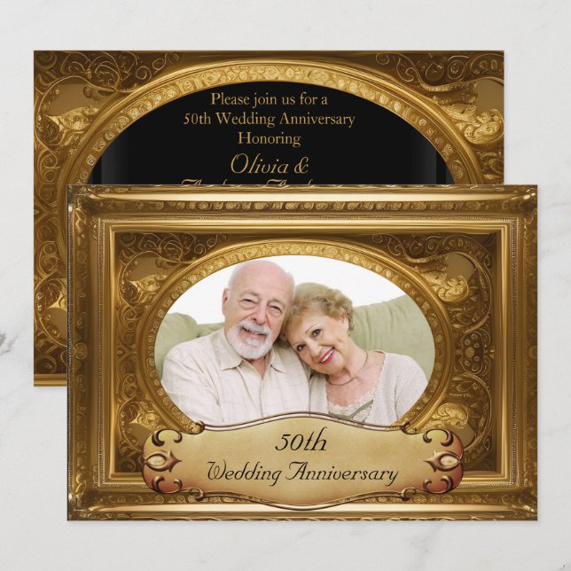 Invitation 50e anniversaire Gold Ornate Antique Frame Photo (Devant / Derrière)