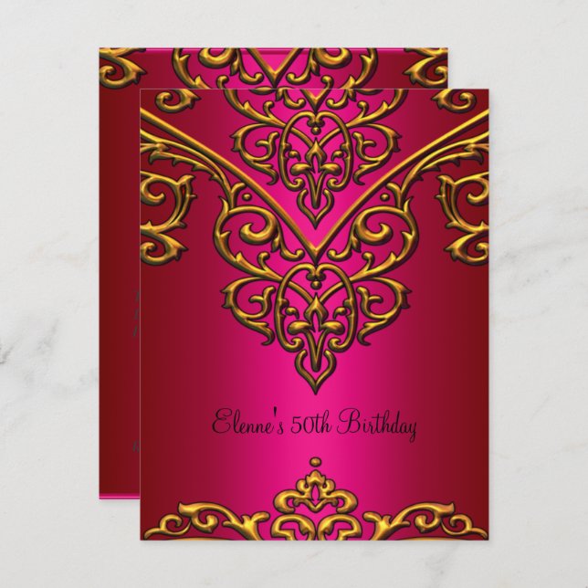 Invitation 50e Anniversaire Gold Overlay sur Rich Pink (Devant / Derrière)