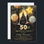 Invitation 50e Anniversaire Gold Parties scintillant Noire Co<br><div class="desc">Une invitation audacieuse et dynamique à la fête du 50e anniversaire avec des lunettes de champagne,  ballons et confettis de parties scintillant d'or,  or sur noir. Faux feuille d'or sur le dos de l'invitation.</div>