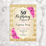 Invitation 50e anniversaire - Gold Stripes rose Roses Invitat<br><div class="desc">Invitation du 50e anniversaire. Design élégant en or et rose. Comprend des bandes d'or de parties scintillant faux,  des roses roses roses stylisées police et confetti. Parfait pour une fête d'anniversaire glam.</div>