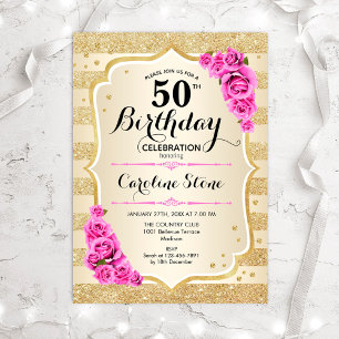 Invitation 50e anniversaire - Gold Stripes rose Roses Invitat