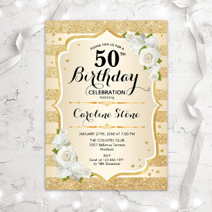 Invitation 50e anniversaire - Gold Stripes Roses blanches