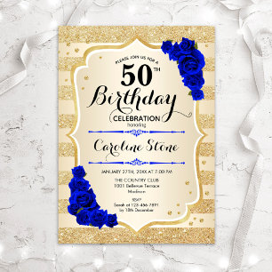 Invitation 50e anniversaire - Gold Stripes Royal Blue Roses