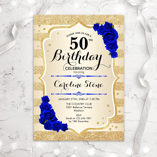 Invitation 50e anniversaire - Gold Stripes Royal Blue Roses (Créateur téléchargé)