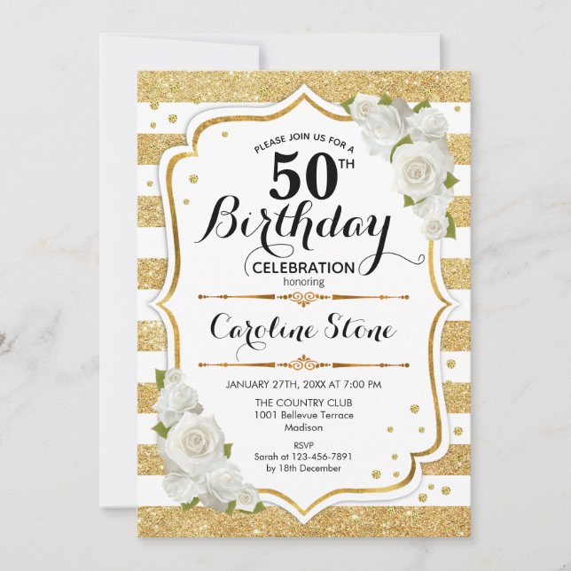 Invitation 50e anniversaire - Gold White Stripes Rose (Devant)