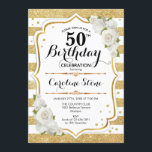 Invitation 50e anniversaire - Gold White Stripes Rose<br><div class="desc">Invitation du 50e anniversaire. Design classique avec des rayures d'or en parties scintillant imitation,  des roses blanches et des confettis. Dispose d'un script élégant. Parfait pour une soirée d'anniversaire élégante. Peut être customisé à n'importe quel âge.</div>