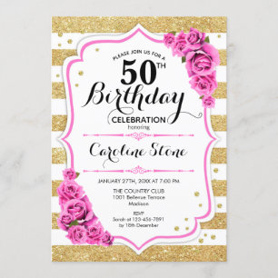 Invitation 50e anniversaire - Gold White Stripes rose Roses