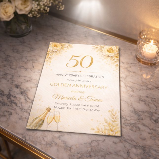 Invitation 50e anniversaire Golden Floral (Golden floral 50th anniversary dinner invite with champagne tones and soft ivory roses)