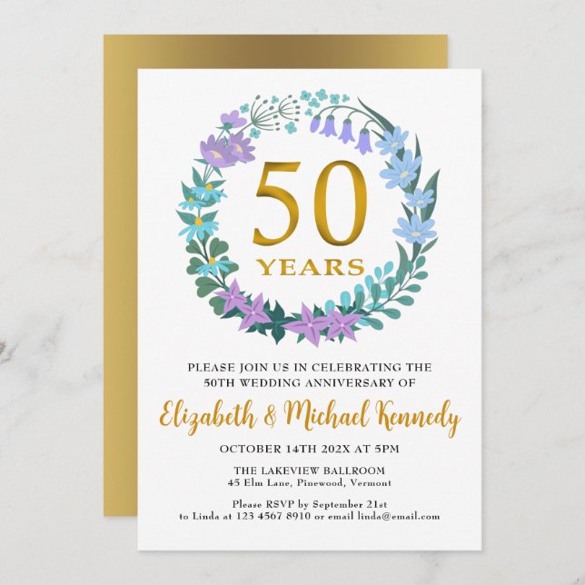 Invitation 50e anniversaire Golden Floral Wreath (Devant / Derrière)