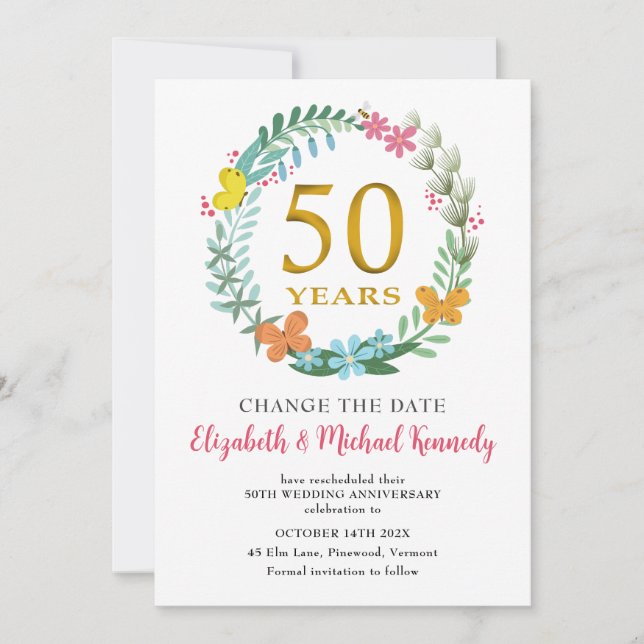 Invitation 50e anniversaire Golden Floral Wreath Date de chan (Devant)