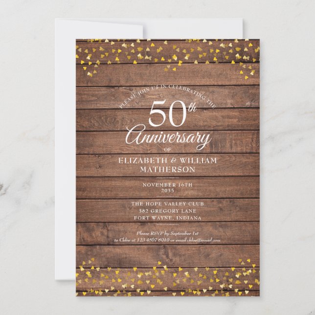 Invitation 50e Anniversaire Golden Hearts Bois Rustique (Devant)