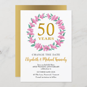 Invitation 50e anniversaire Golden Pink Floral Changement Dat