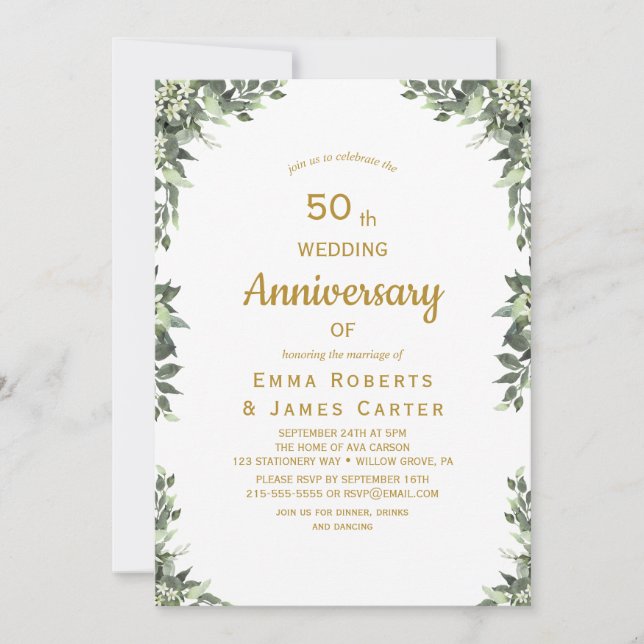 Invitation 50e anniversaire Greenery Gold (Devant)