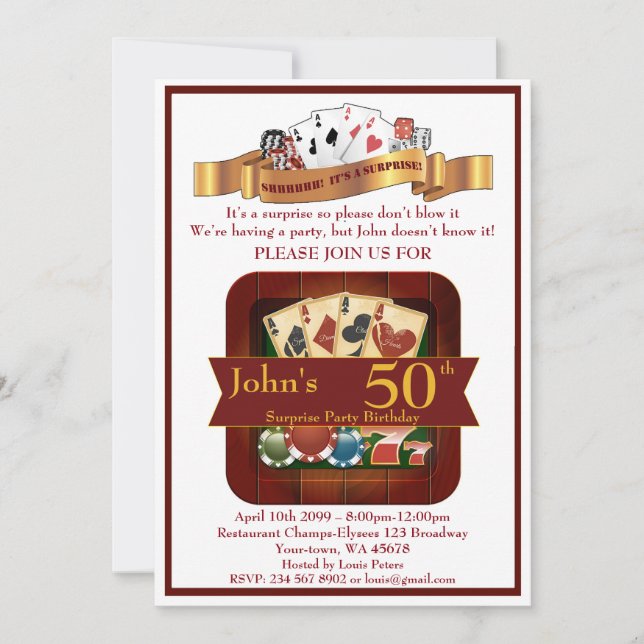 Invitation 50e, Anniversaire Homme Casino, Jeux d'argent, Las (Devant)