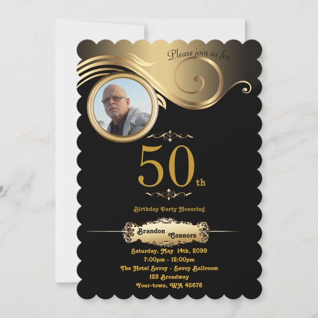 Invitation 50e,Anniversaire Homme de tous âges, art déco, or  (Devant)