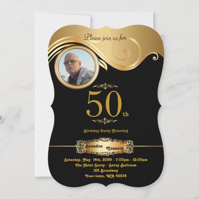 Invitation 50e, Anniversaire Homme de tout âge, art déco, or  (Devant)