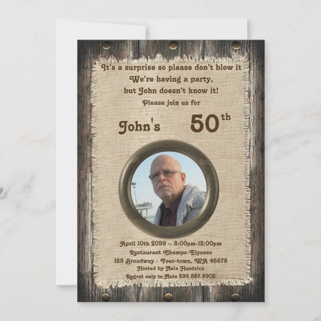 Invitation 50e, Anniversaire homme, n'importe quel âge, bois, (Devant)