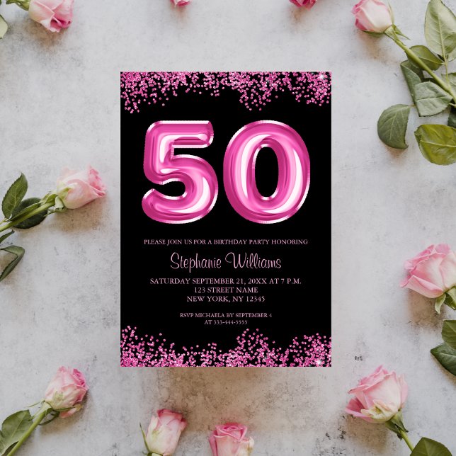 Invitation 50e anniversaire Hot Pink Balloons Gllitter Party (Créateur téléchargé)