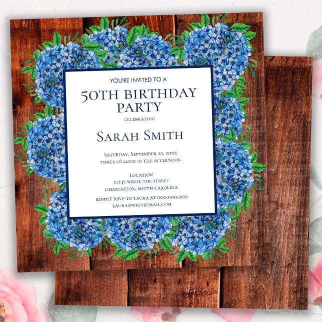 Invitation 50e Anniversaire Hydrangeas Bleus en Bois Rustique (Créateur téléchargé)