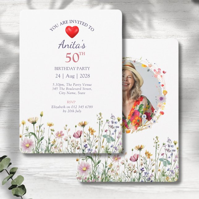 Invitation 50e anniversaire Jardin Floral Wild Meadow Photo (50th birthday floral birthday party invitations on a grey wood background)