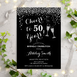 Invitation 50e Anniversaire - Joue À 50 Ans Argent Noir<br><div class="desc">Invitation du 50e anniversaire. Salue À 50 Ans ! Design élégant en noir, blanc et argent. Il comprend des verres à champagne, des caractères de script et des confettis en argent parties scintillant. Idéal pour une soirée de cinquantième. Personnalisez avec vos propres détails. Peut être customisé pour montrer n'importe quel...</div>