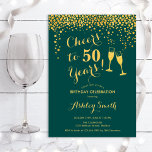 Invitation 50e Anniversaire - Joue À 50 Ans Émeraude Vert<br><div class="desc">Invitation du 50e anniversaire. Salue À 50 Ans ! Design élégant en vert émeraude et or. Il comprend des verres à champagne,  des caractères de script et des confettis. Idéal pour une soirée de cinquantième. Personnalisez avec vos propres détails. Peut être customisé pour montrer n'importe quel âge.</div>