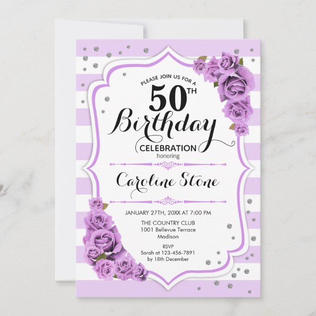 Invitation 50e anniversaire - Lavande Blanc Fleurs pourpres (Devant)