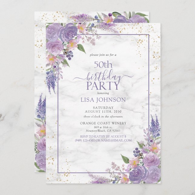 Invitation 50e Anniversaire Lavender Marbre Lilac Or Botaniqu (Devant / Derrière)