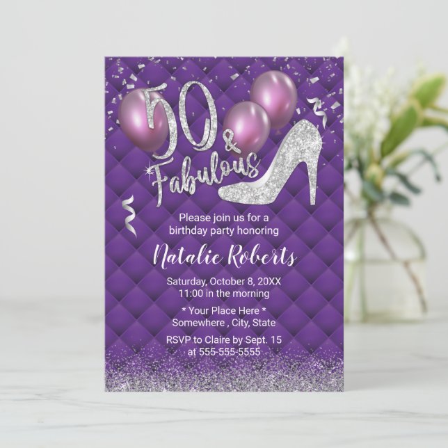 Invitation 50e anniversaire Luxe Purple & Silver Fabuleux 50 (Debout devant)