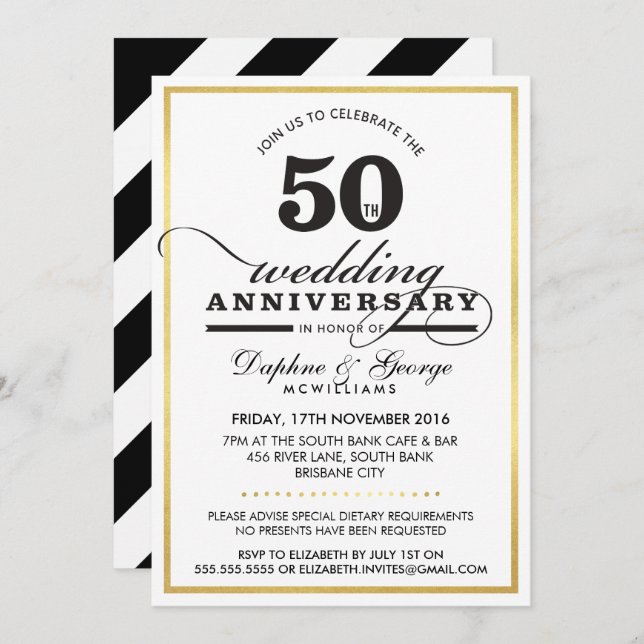 Invitation 50E ANNIVERSAIRE MARIAGE classe or élégant noir (Devant / Derrière)