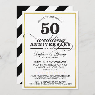 Invitation 50E ANNIVERSAIRE MARIAGE classe or noir élégant