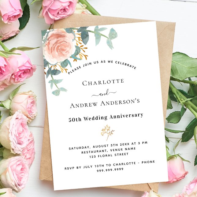 Invitation 50e anniversaire mariage de luxe rose rose fleuri (Créateur téléchargé)