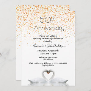 Invitation 50e anniversaire mariage deux cygnes amoureux blan