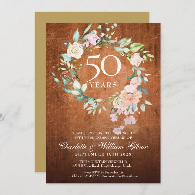 Invitation 50e anniversaire Mariage d'or Bois rustique Floral (Devant / Derrière)