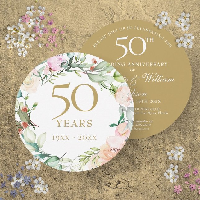 Invitation 50e Anniversaire Mariage d'or Circulaire florale (50th Golden Wedding Anniversary Floral Circular Invitation)