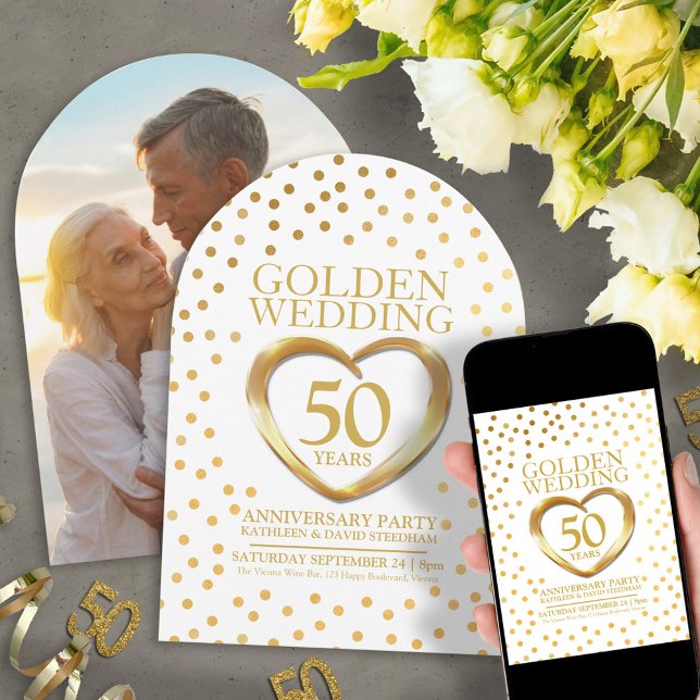 Invitation 50e anniversaire mariage d'or coeur (Créateur téléchargé)