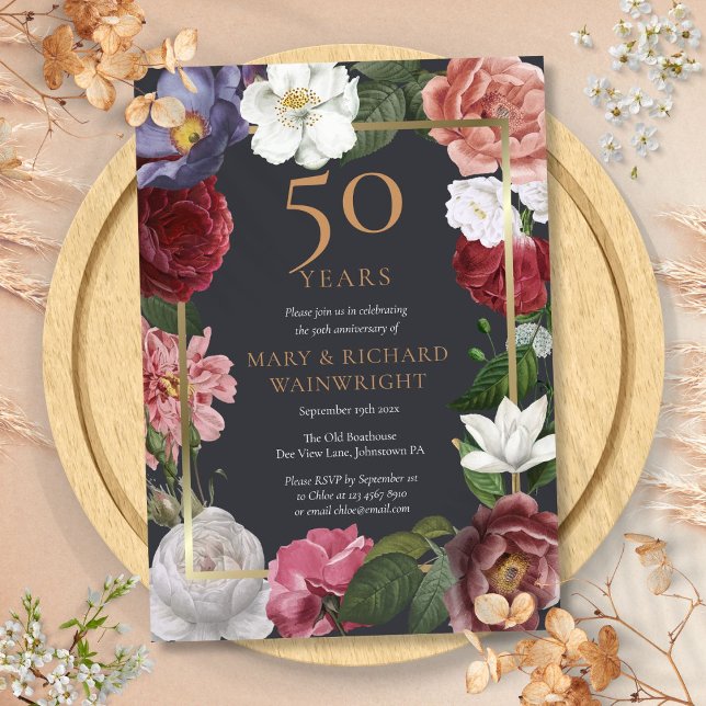 Invitation 50e anniversaire Mariage d'or Jardin Rose (50th Golden Wedding Anniversary Rose Garden Invitation)