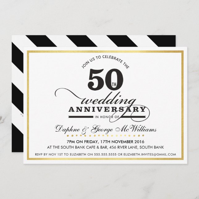 Invitation 50E ANNIVERSAIRE MARIAGE élégant or noir invitatio (Devant / Derrière)