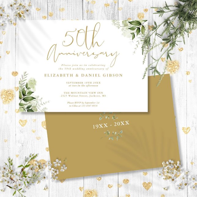 Invitation 50e anniversaire Mariage Gold Script Floral (50th Wedding Anniversary Gold Script Floral Invitation)