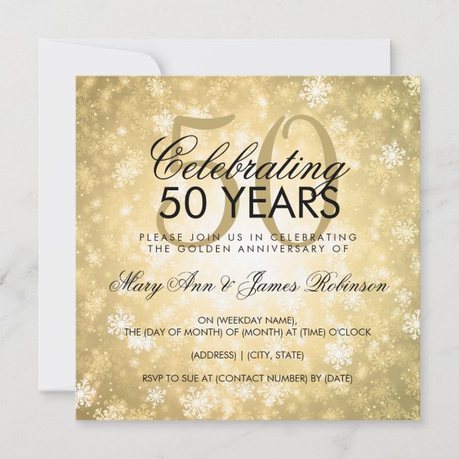 Invitation 50e anniversaire Mariage hiver Wonderland Gold (Devant)