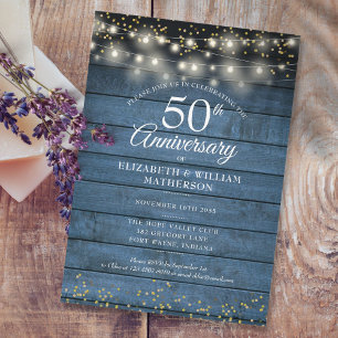 Invitation 50e anniversaire Mariage or cordes éclat rustique