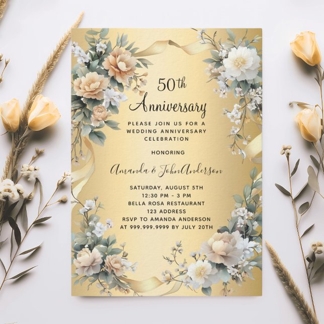 Invitation 50e anniversaire mariage or jaune fleuri luxe (Créateur téléchargé)