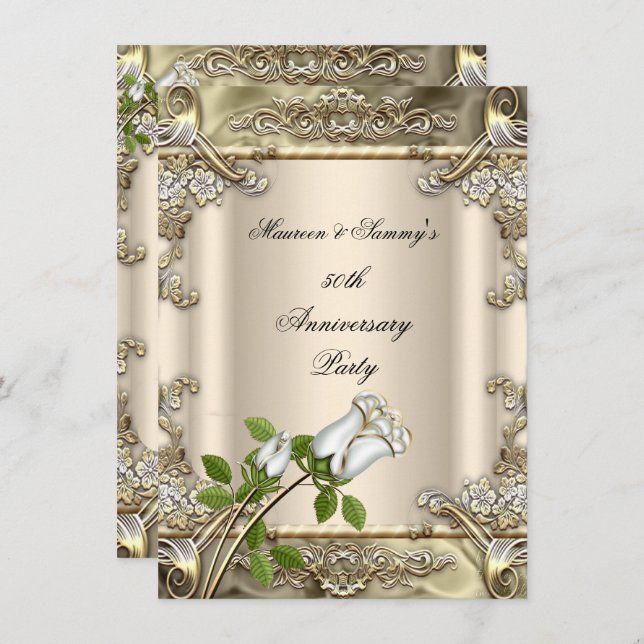 Invitation 50e Anniversaire Mariage Rose Or Beige (Devant / Derrière)