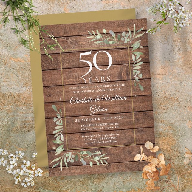 Invitation 50e anniversaire Mariage verdure Bois rustique (50th Wedding Anniversary Greenery Rustic Wood Invitation)